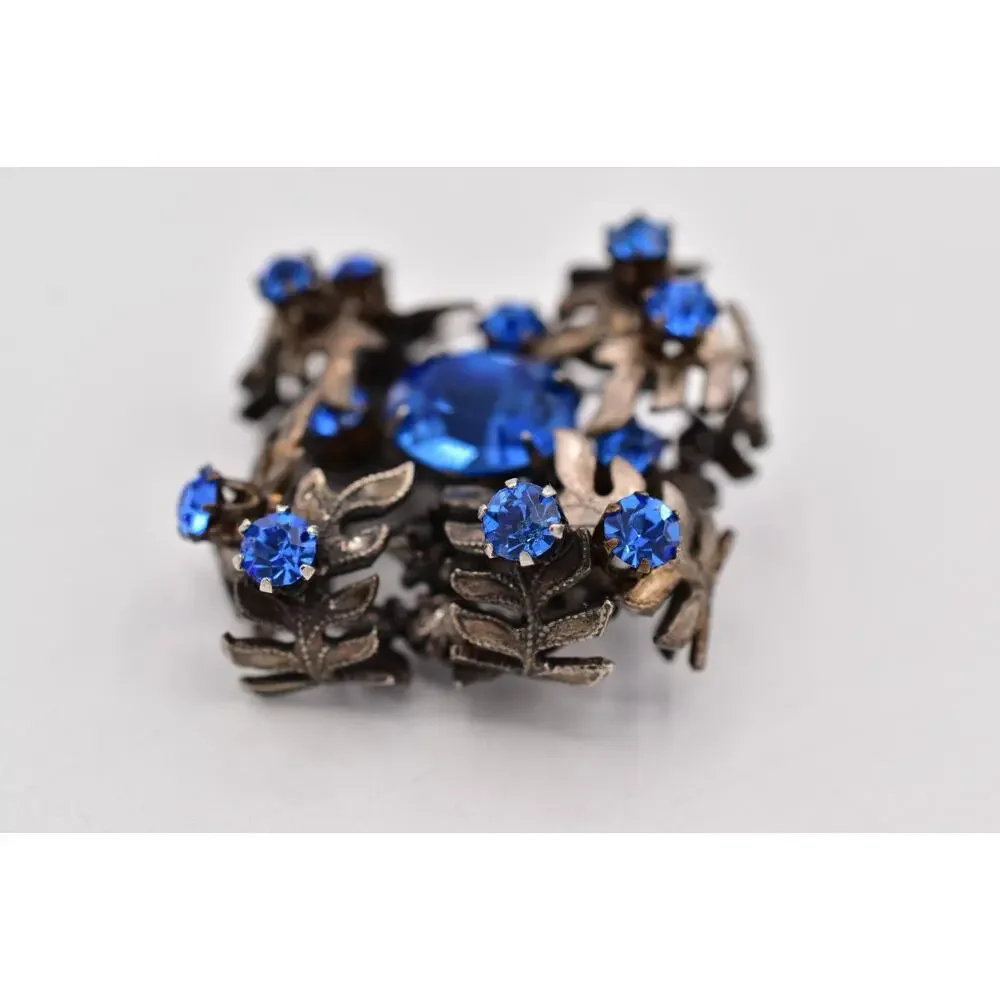 Vintage Austrian Blue Crystal Pin Brooch 3D Flower Gunmetal Tone 1960s BinBI